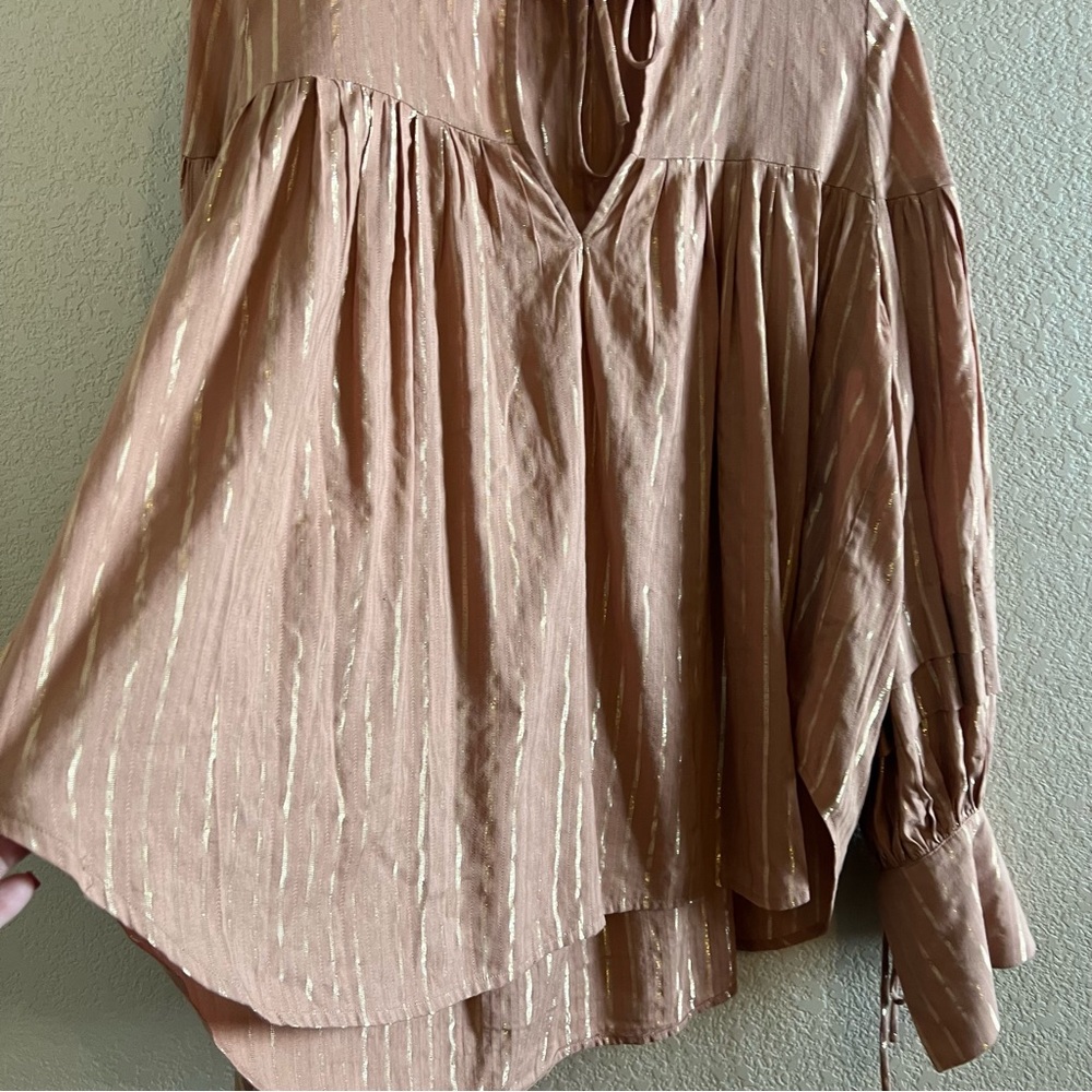 Shona Joy Boho Balloon Sleeve Gold Metallic Blouse Size 8 - Picture 4 of 11